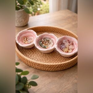 🌸 MAXCERA Pink Rose Triple Ceramic Dish Connected 3-Bloom Tray Jewelry Trinket